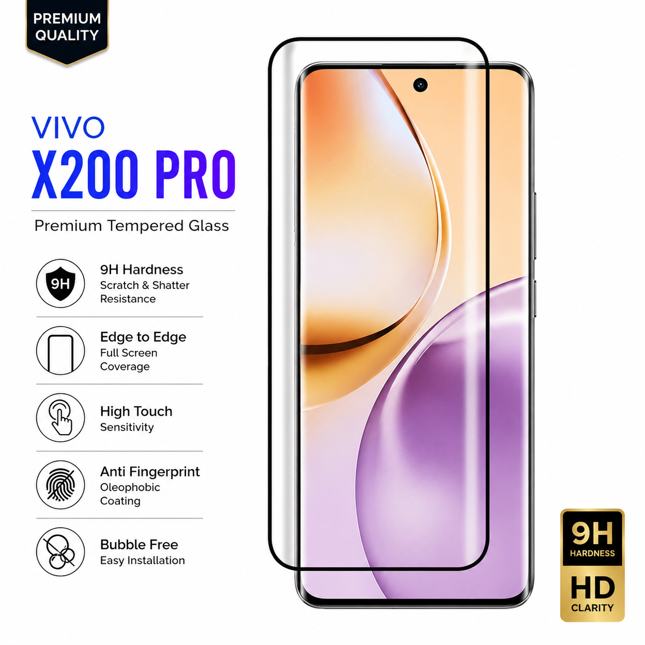 Vivo X200 Pro 5G Curved Edge UV Tempered Glass Screen Protector | Full Glue 9H HD Clear Bubble Free Screen Guard - Image 2